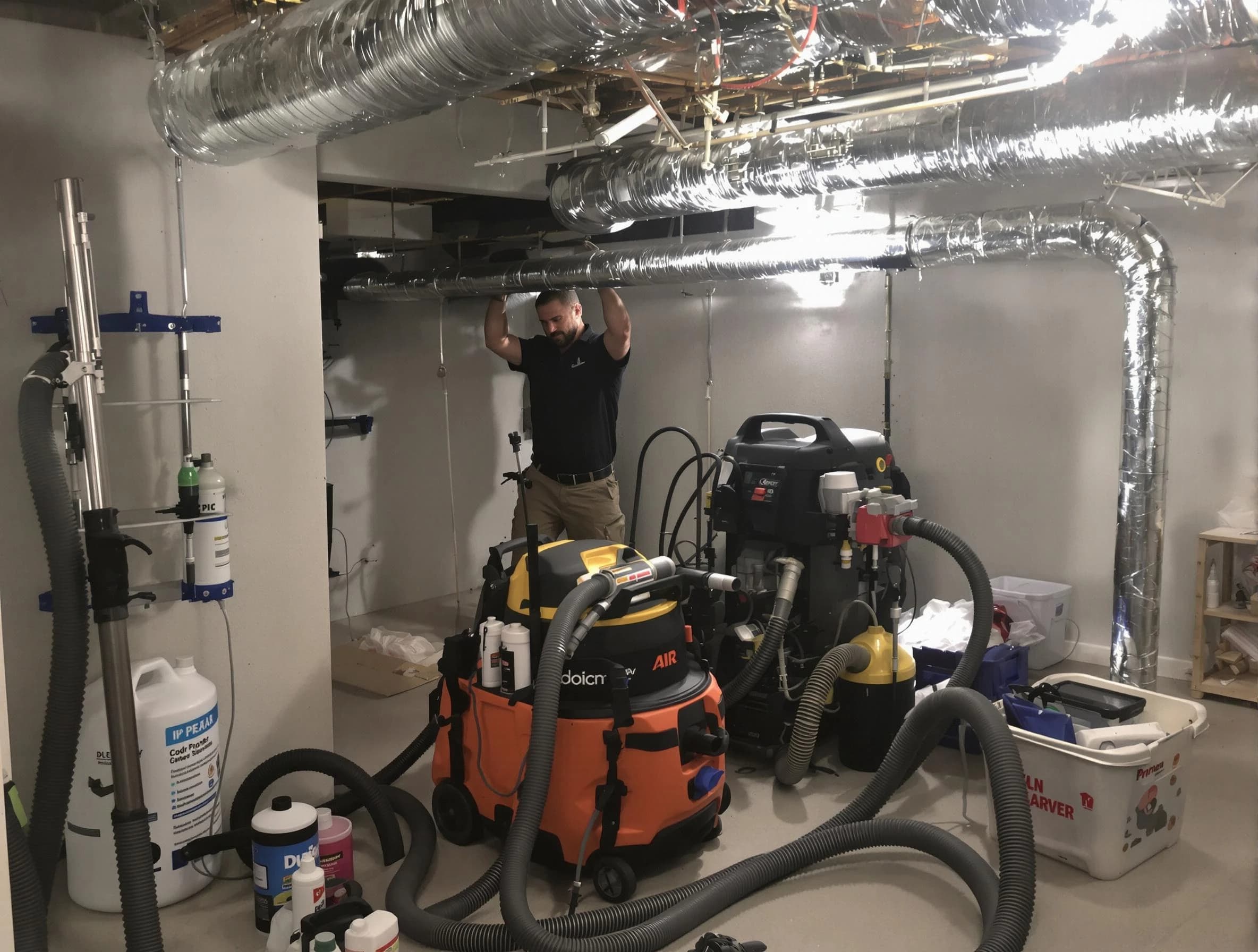 Vineyard Air Duct Cleaning specialist performing professional mold removal from air ducts using safety equipment in Vineyard